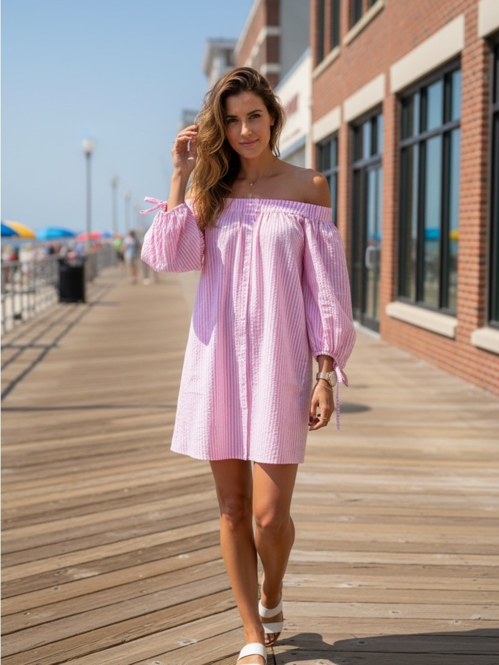 Zara Seersucker Off-Shoulder Pink Striped Dress with Bow Accents
